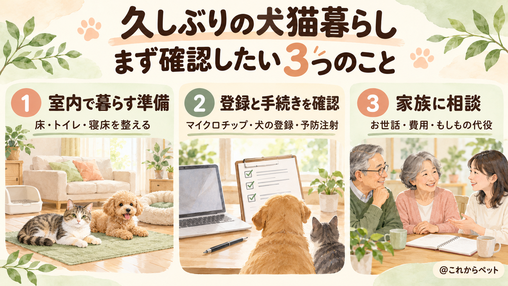 久しぶりに犬猫を迎える前に確認したい3つのこと。室内で暮らす準備、登録と手続き、家族への相談。