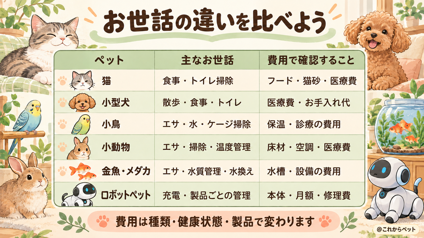 ペット別の主なお世話と費用で確認することの比較