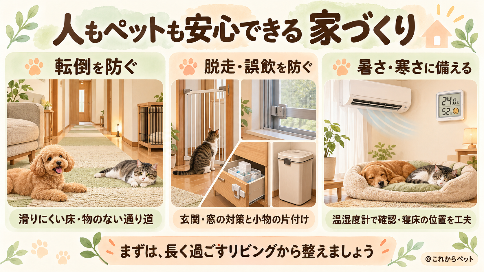 人もペットも安心できる家づくり。転倒を防ぐ床と動線、脱走・誤飲対策、暑さ・寒さへの備え。
