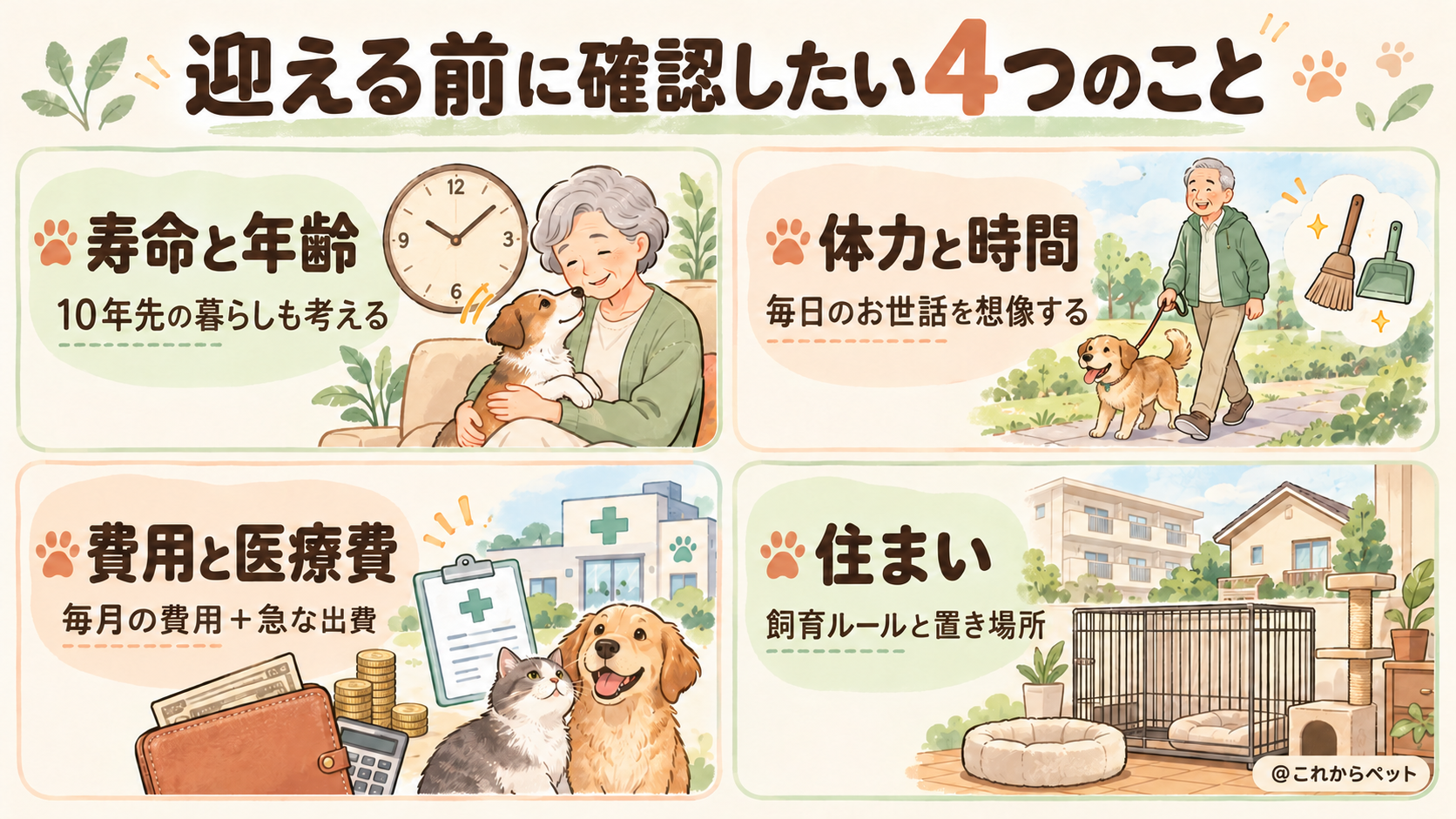 ペットを迎える前に確認したい寿命と年齢、体力と時間、費用と医療費、住まいの4つのポイント