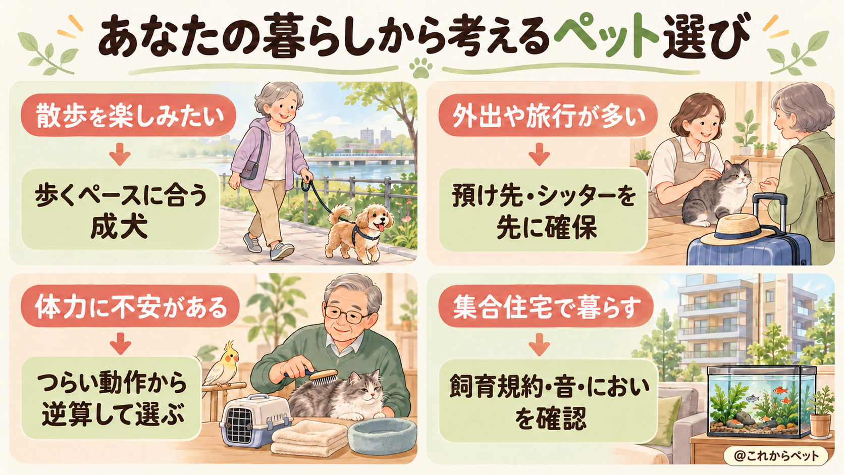 散歩、旅行、体力、集合住宅での暮らしに合わせたペット選び