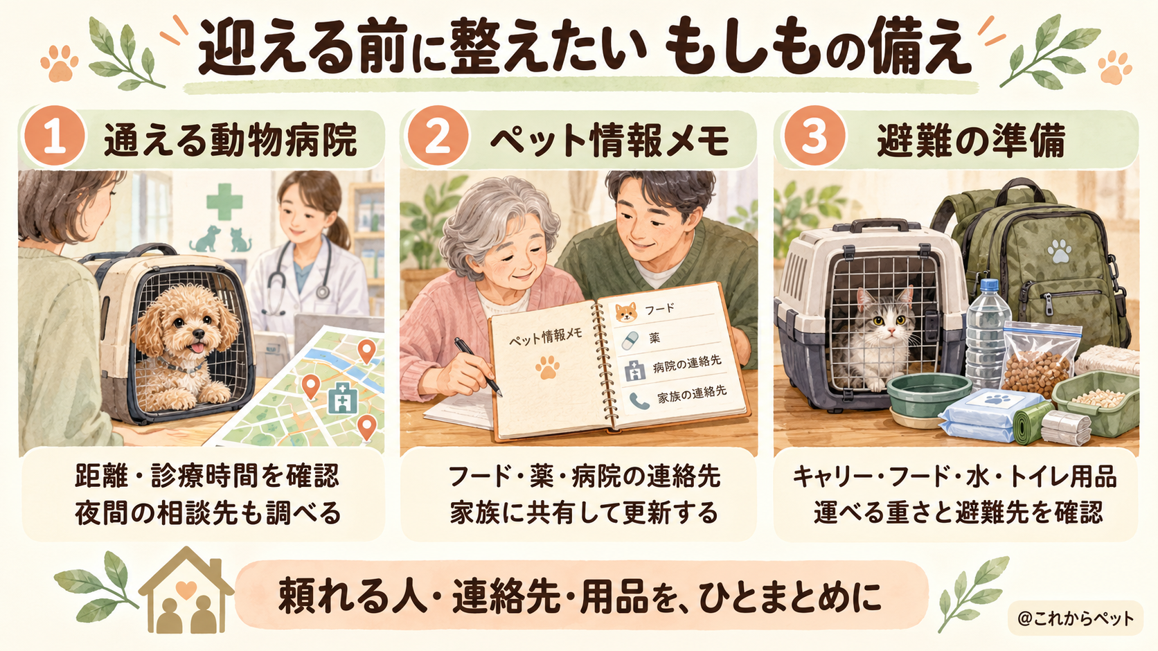 犬猫を迎える前に整えたいもしもの備え。通える動物病院、家族に共有するペット情報メモ、避難用品の準備。