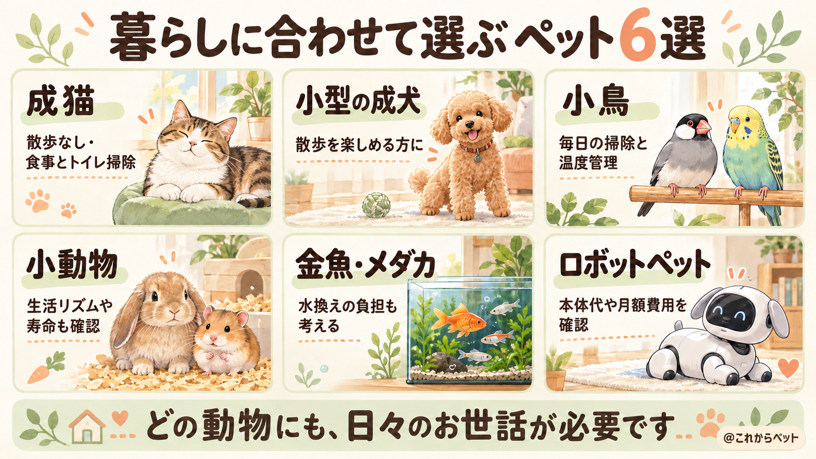 成猫、小型の成犬、小鳥、小動物、金魚・メダカ、ロボットペットの6つの選択肢